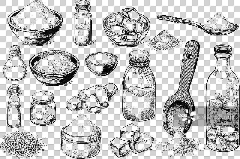 盐铅笔素描套装：勺子、粉末、碗图片素材