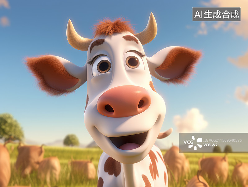 【AI数字艺术】草地上的奶牛卡通肖像图片素材