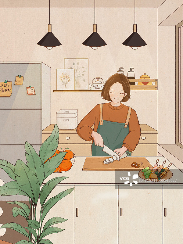 厨房做饭场景手绘插画图片素材