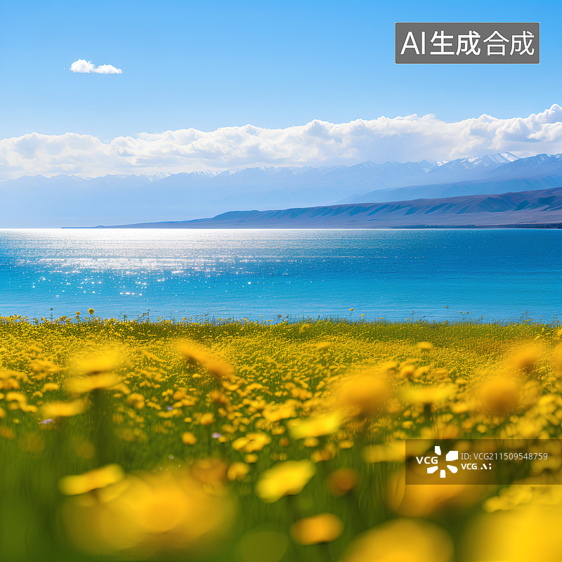【AI数字艺术】高山湖泊黄色花海图片素材