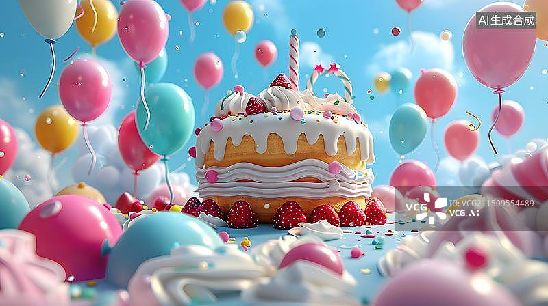 【AI数字艺术】蓝天白云下被气球环绕的气球图片素材