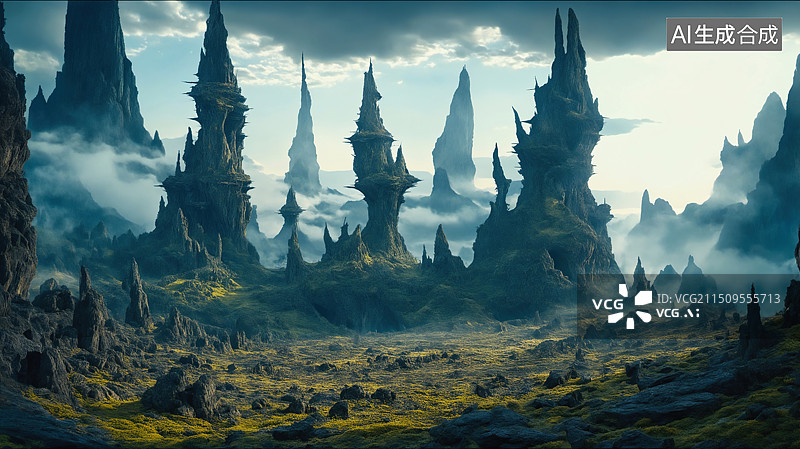 【AI数字艺术】神秘幻想：荒凉古城与高耸尖塔图片素材