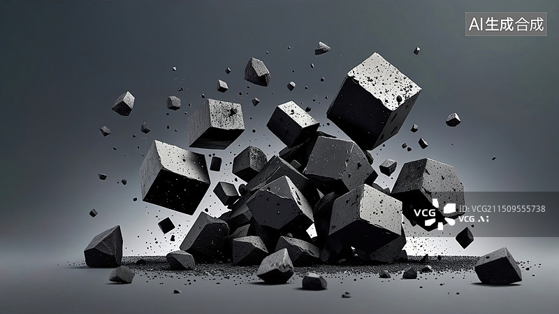 【AI数字艺术】动态混乱空间：黑色灰色立方体飞行图片素材