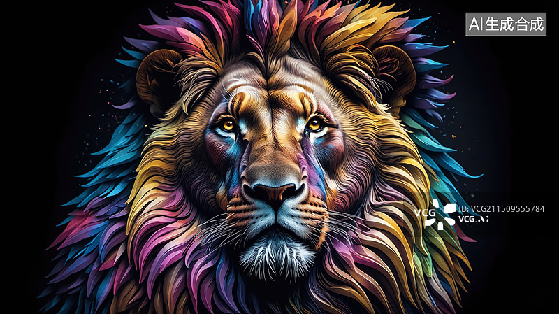 【AI数字艺术】多彩狮子特写：庄严与生动的色彩碰撞图片素材