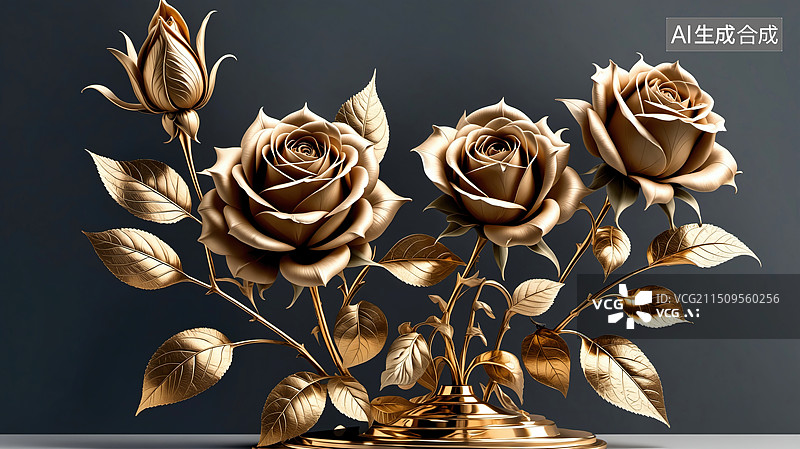 【AI数字艺术】奢华金玫：金属质感下的玫瑰盛宴图片素材