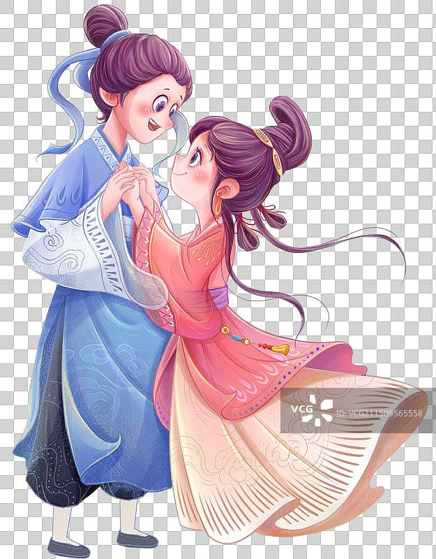 牛郎织女七夕节夜晚鹊桥相会喜庆中国传统节日手绘插画图片素材