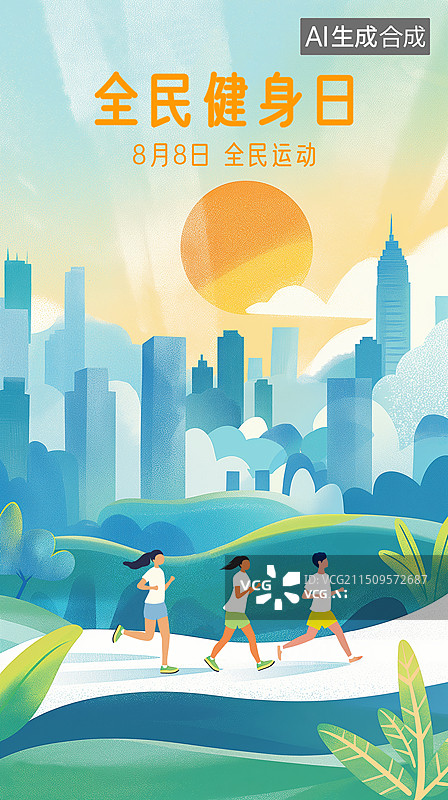 【AI数字艺术】全民健身日肌理插画海报模板图片素材