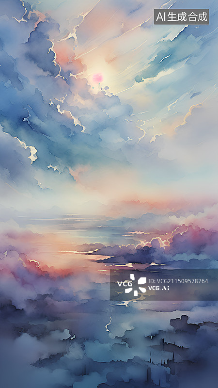 【AI数字艺术】水彩手绘背景 日落时的云景图片素材