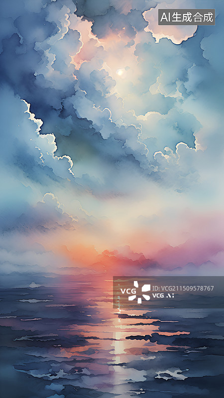 【AI数字艺术】水彩手绘背景 日落时的海景图片素材
