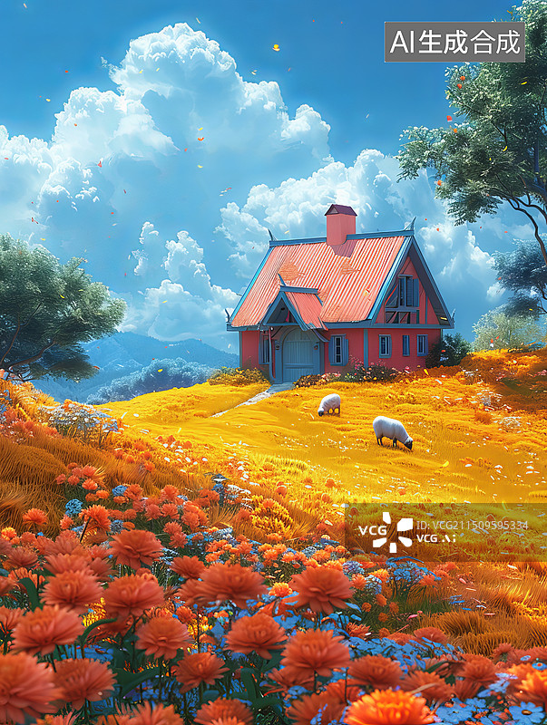 【AI数字艺术】阳光下的田园风光与放牧的羊图片素材