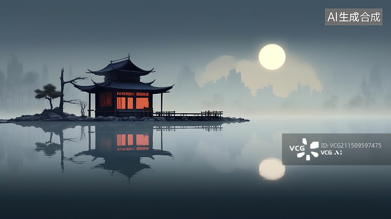 【AI数字艺术】AI生成的插图中国古建筑夜景图片素材