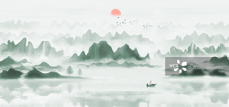 蓝色山水画背景插画图片素材