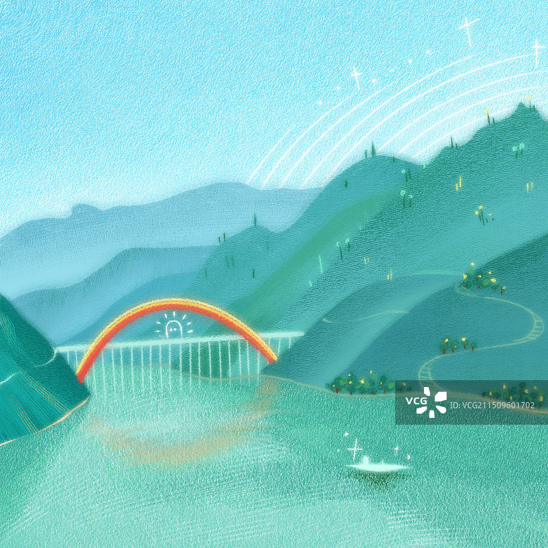 青山绿水和彩虹桥图片素材