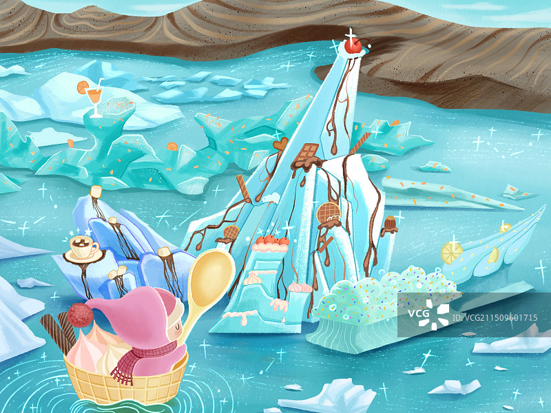 女孩滑行在满是甜品的冰川图片素材