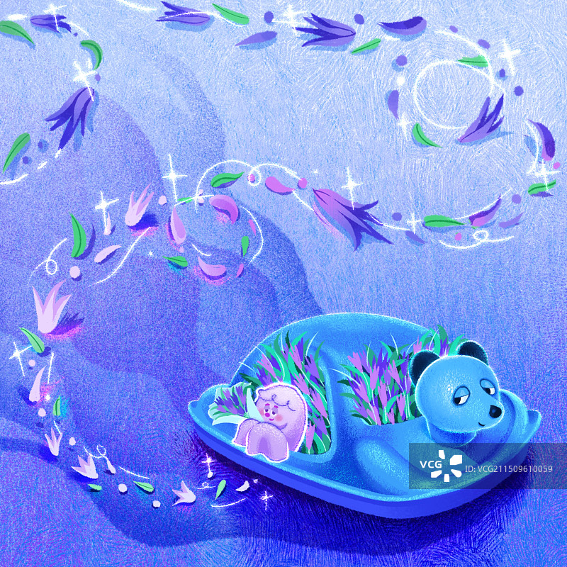 紫色的水面上驶过一艘蓝色的游船，龙胆花在风中飘荡图片素材