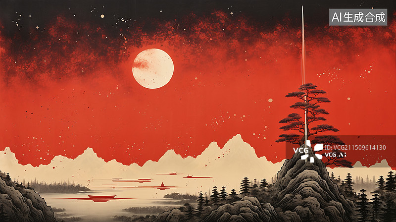 【AI数字艺术】AI生成的新中式创意插画火箭发射图片素材