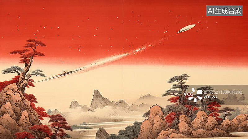 【AI数字艺术】AI生成的新中式创意插画火箭发射图片素材