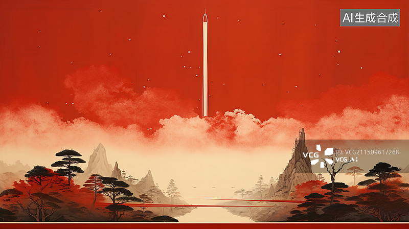 【AI数字艺术】AI生成的新中式创意插画火箭发射图片素材