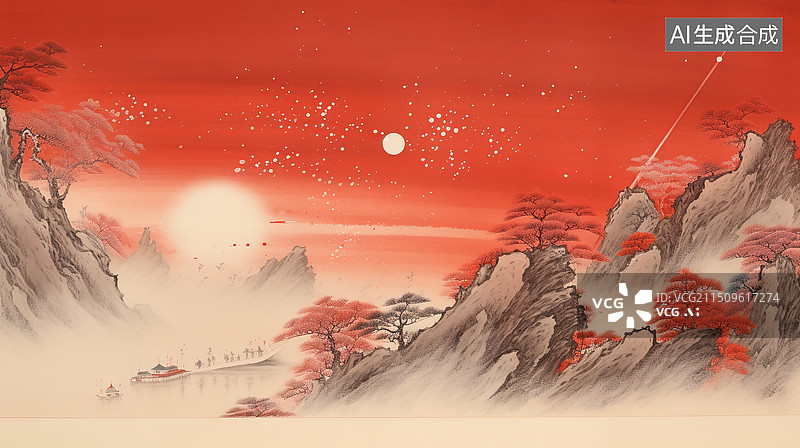 【AI数字艺术】AI生成的新中式创意插画火箭发射图片素材