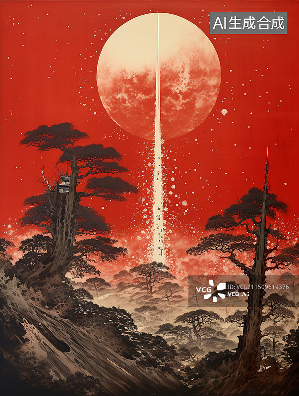 【AI数字艺术】AI生成的新中式创意插画火箭发射图片素材