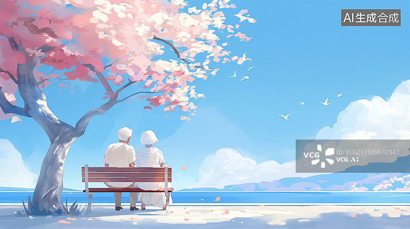 【AI数字艺术】养老主题清新风格极简插画——一堆老年夫妇坐在公园的长椅上看风景图片素材