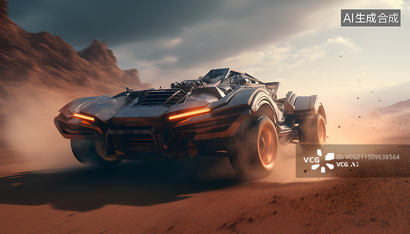 【AI数字艺术】科技感汽车疾驰在荒漠路上图片素材