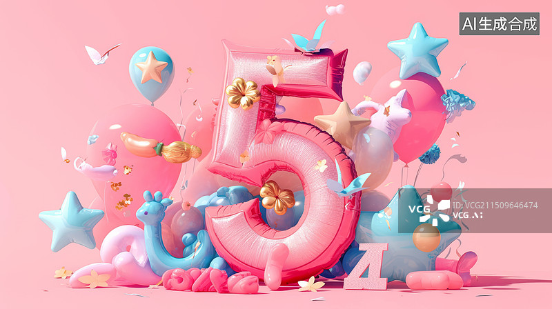 【AI数字艺术】数字5粉色气球膨胀字体图片素材