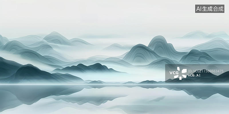 【AI数字艺术】水墨山水卡通插画背景图片素材