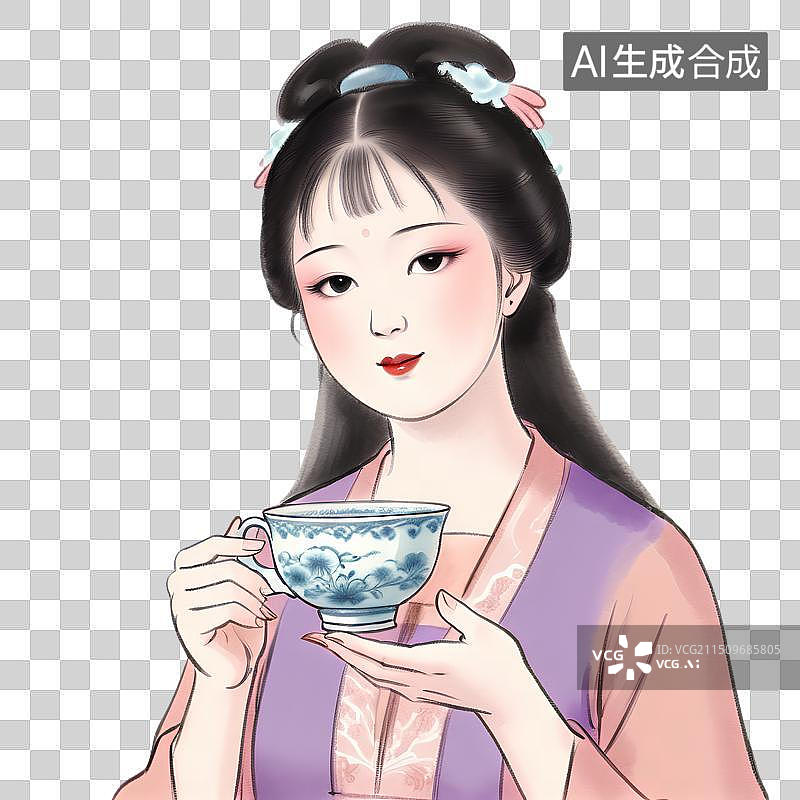 【AI数字艺术】中国风手绘人物插画，穿着古代服饰的女性正在喝茶，汉服，茶杯，传统服饰，茶文化免抠元素图片素材