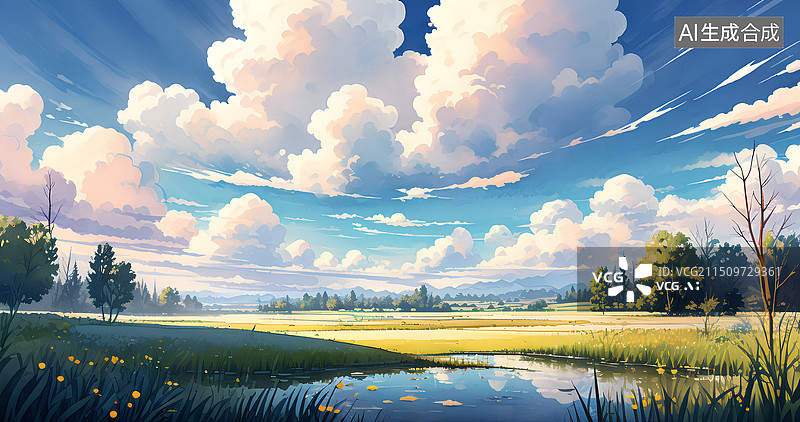 【AI数字艺术】水彩插画 天空映衬下的田野全景图片素材