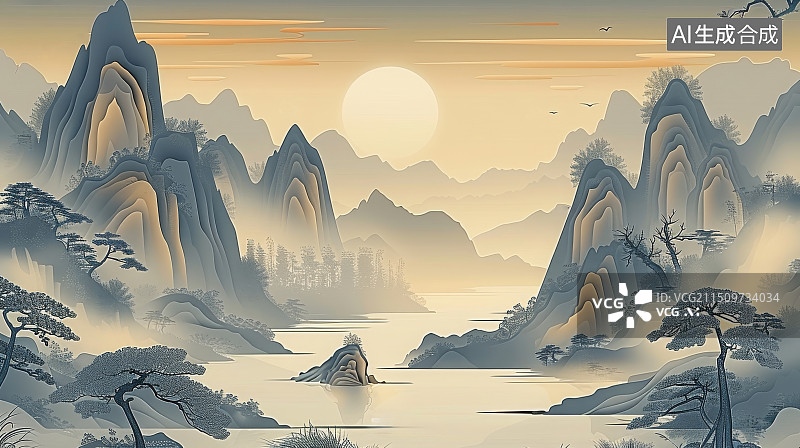 【AI数字艺术】中国风山水意境水墨画图片素材