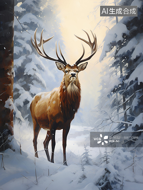 【AI数字艺术】冬天森林里的麋鹿图片素材