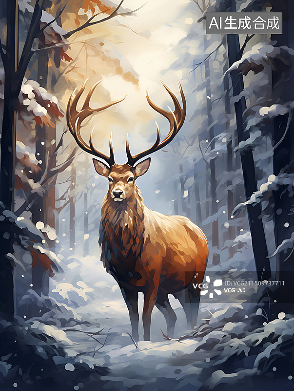 【AI数字艺术】冬天森林里的麋鹿图片素材