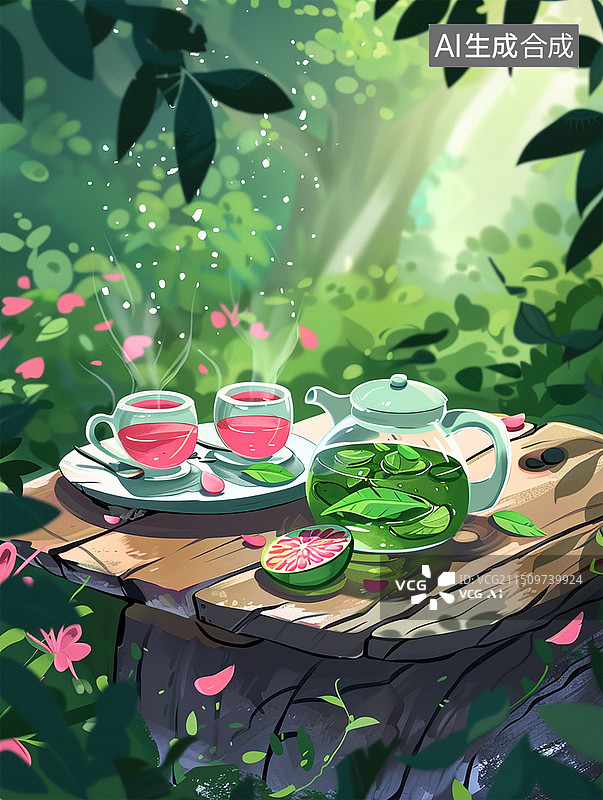 【AI数字艺术】夏天自然喝茶场景图片素材