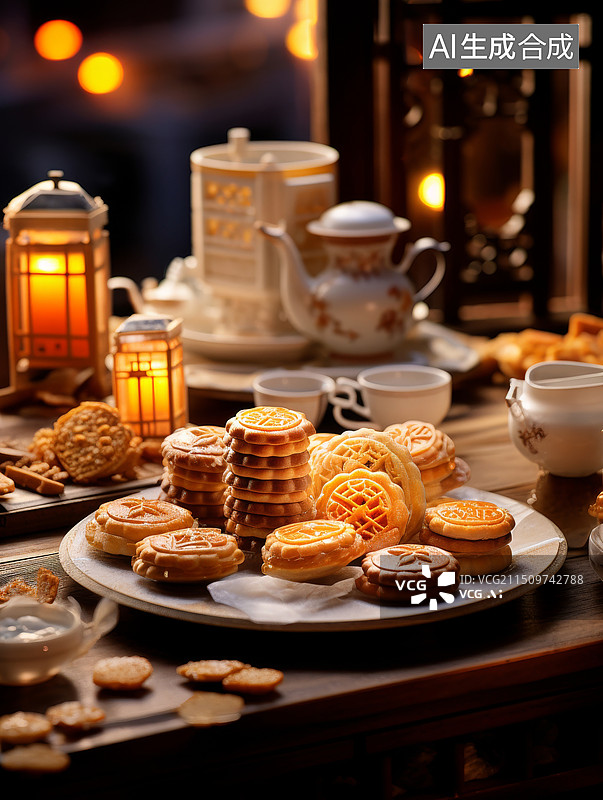 【AI数字艺术】中国传统节日中秋节中国小吃月饼图片素材