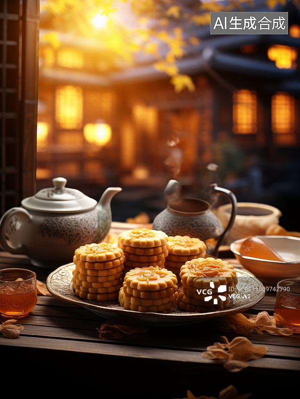 【AI数字艺术】中国传统节日中秋节中国小吃月饼图片素材
