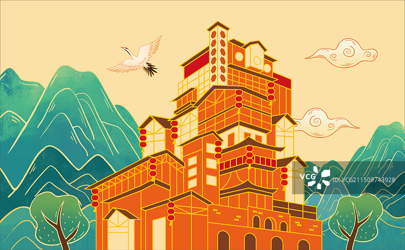 线描国潮风洪崖洞插画横版图片素材