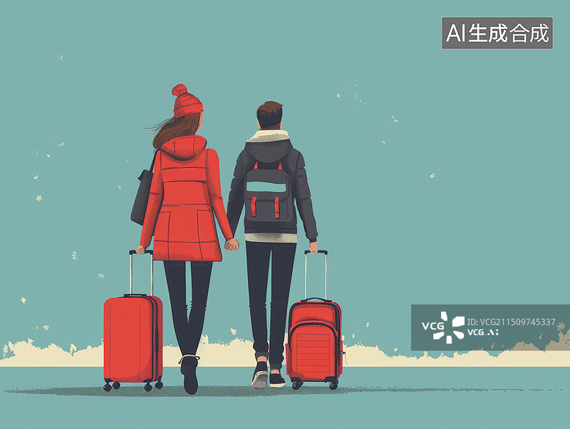【AI数字艺术】插画风格一男一女出游图片素材