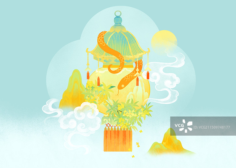 蛇年蛇灯笼山祥云桂花中秋国风插画图片素材