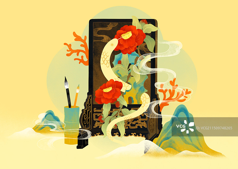 蛇年金蛇屏风山茶花山石笔筒祥云国风插画图片素材