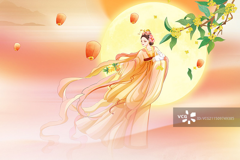 国潮风节日系列-中秋节插画 嫦娥抱着玉兔飞舞在满月旁 桂花飘香  横版图片素材