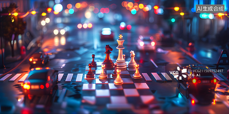 【AI数字艺术】国际象棋与城市图片素材