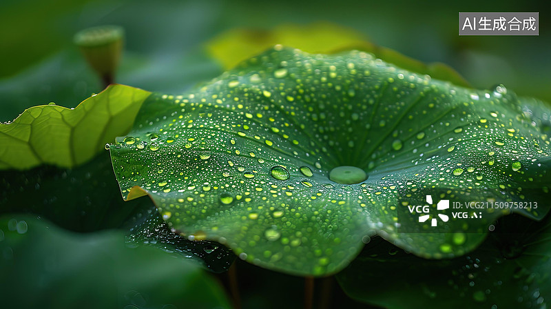 【AI数字艺术】雨后，荷叶上布满水珠的特写夏天图图片素材