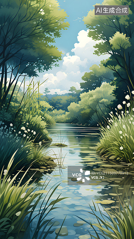 【AI数字艺术】水彩插画 小溪边的树木和植物图片素材