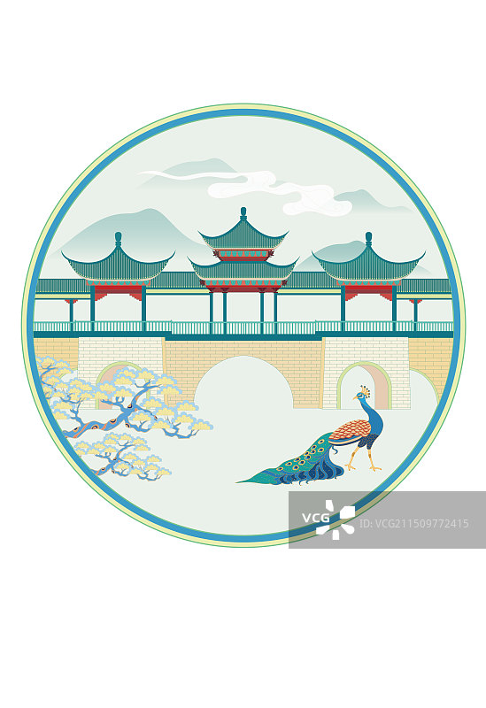 国风地标城市风光系列—东莞粤晖园归水桥 国潮风矢量插画图片素材