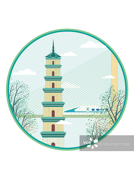 国风地标城市风光系列—阜阳文峰塔 国潮风矢量插画图片素材