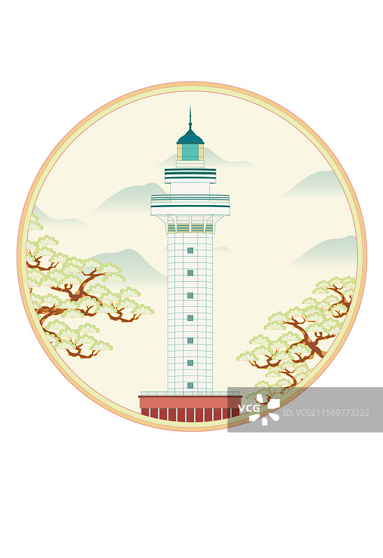 国风地标城市风光系列—日照灯塔广场 国潮风矢量插画图片素材