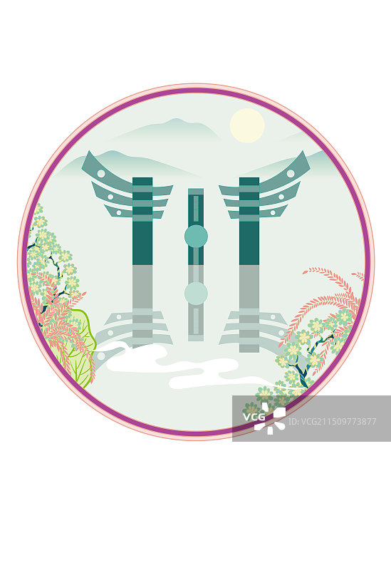 国风地标城市风光系列—铜陵丰收门 国潮风矢量插画图片素材