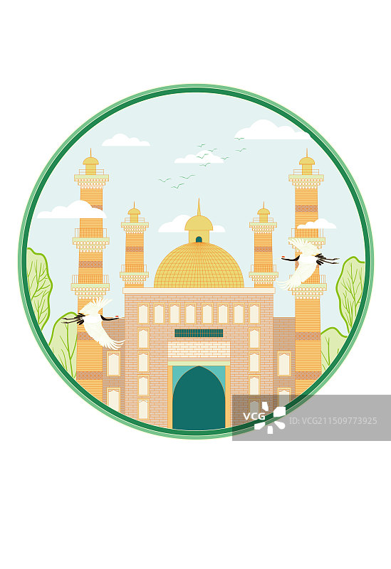 国风地标城市风光系列—乌鲁木齐国际⼤巴扎景区 国潮风矢量插画图片素材