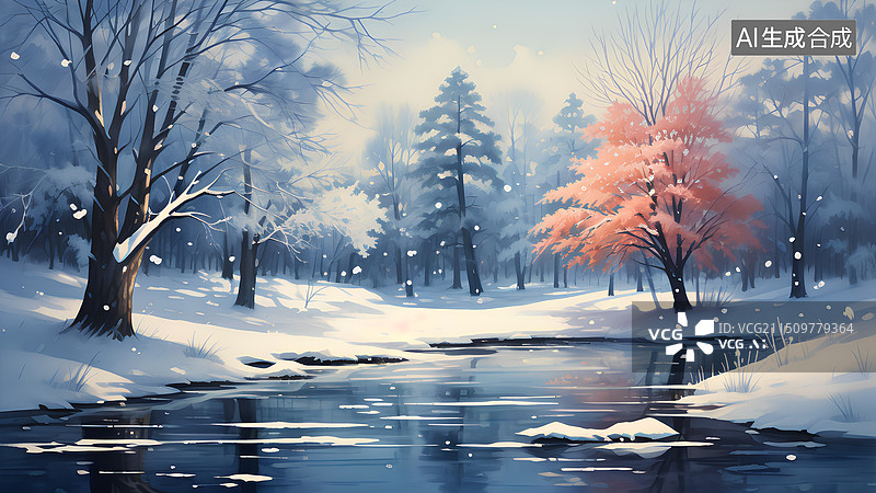 【AI数字艺术】水彩插画 冬天森林里的树木图片素材